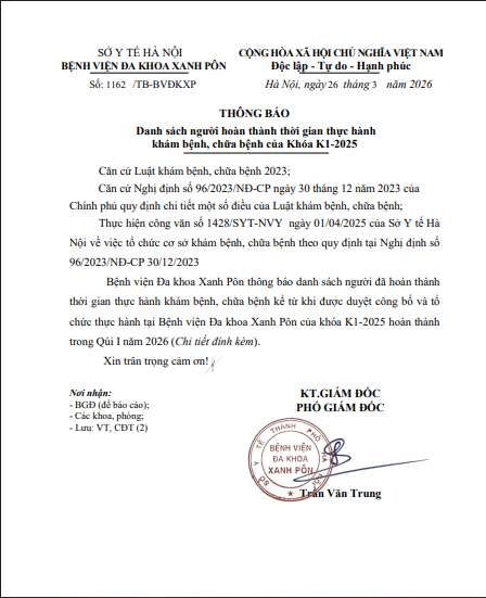 Danh sách học viên hoàn thanh thời gian thực hành khám bênh, chữa bệnh của Khóa K1 - 2025